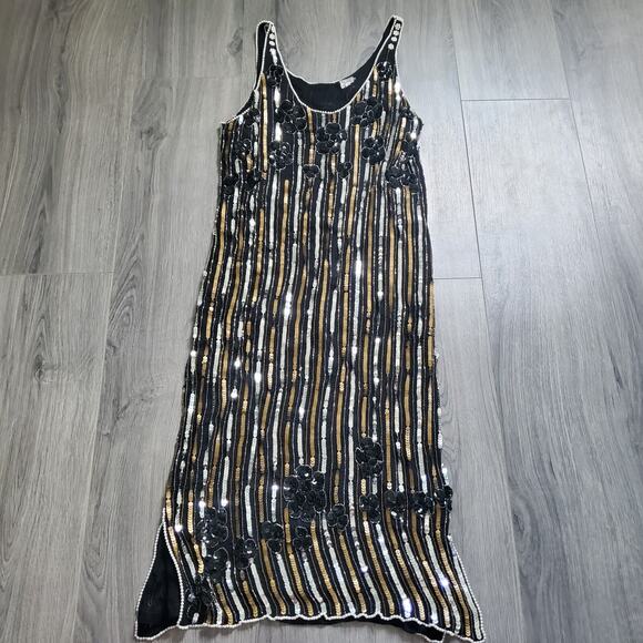 Vintage Silk Party Dress Flapper Whimsigoth Sequin Pearl Event Wedding Large - Picture 1 of 10